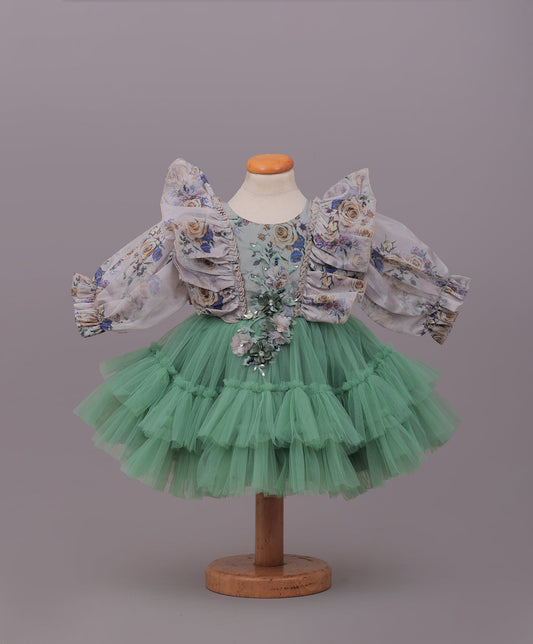 Enfance Balloon Sleeves Flower Applique Shimmered Layered Net Dress - Mehndi