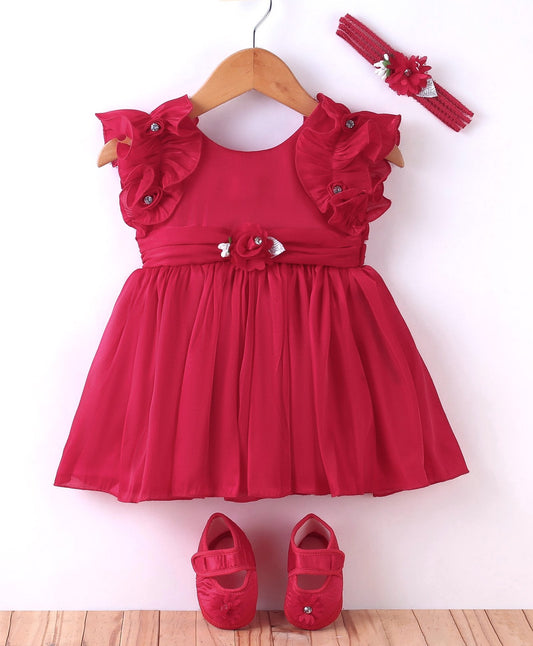 Enfance Sleeveless Flower Applique Solid Dress With Hairband And Booties-Rani