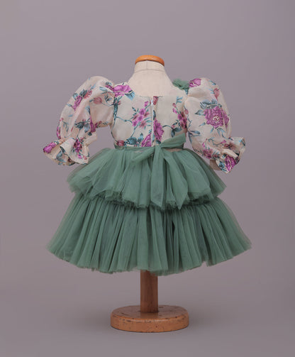 Enfance Three Fourth Sleeves Floral Detailed Party Dress - Pista