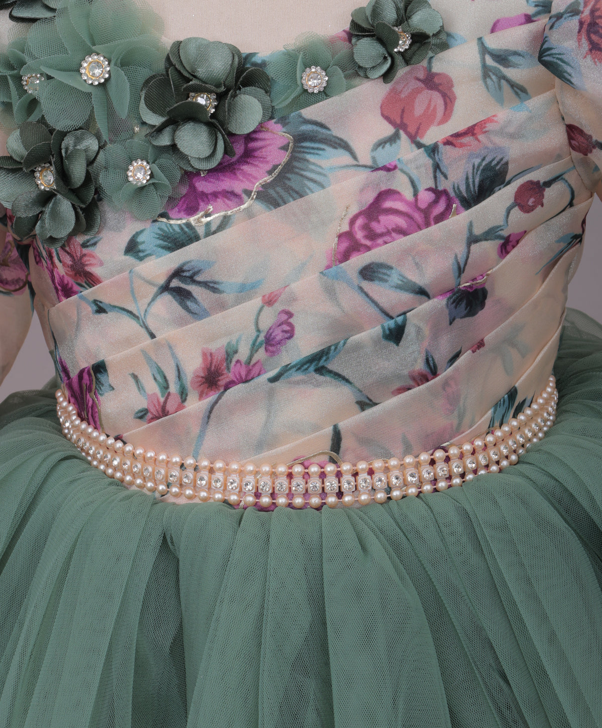 Enfance Three Fourth Sleeves Floral Detailed Party Dress - Pista