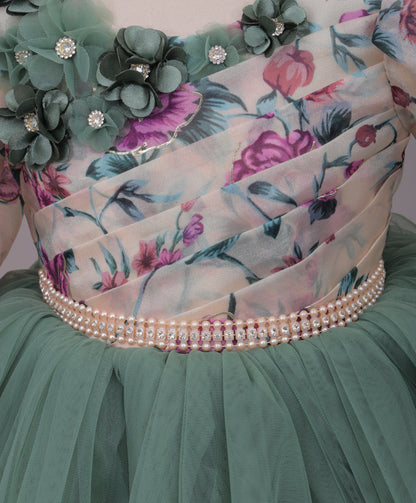 Enfance Three Fourth Sleeves Floral Detailed Party Dress - Pista