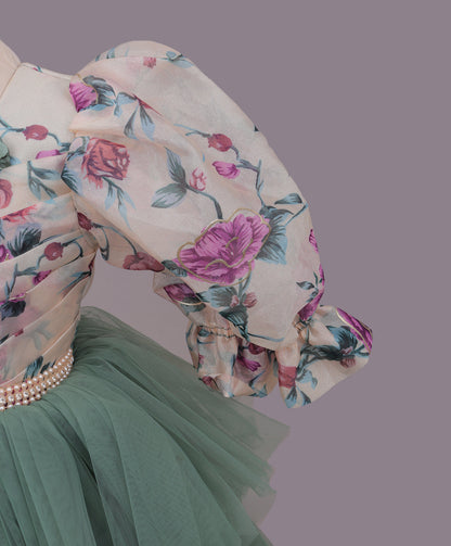 Enfance Three Fourth Sleeves Floral Detailed Party Dress - Pista