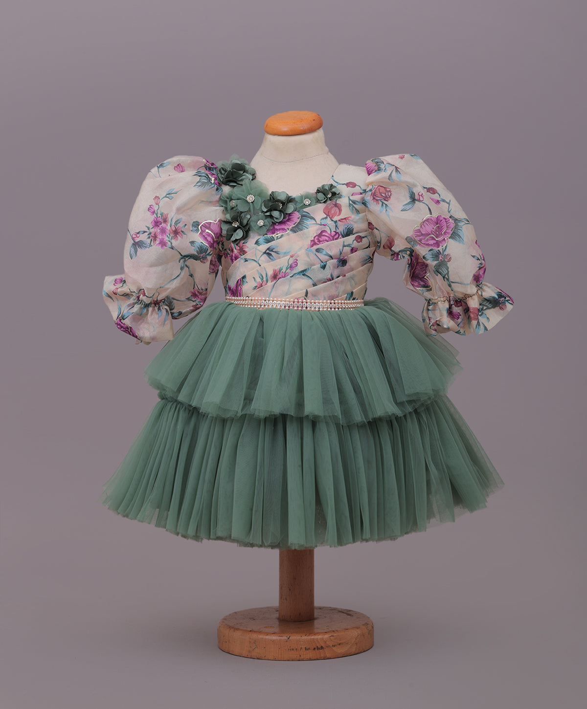 Enfance Three Fourth Sleeves Floral Detailed Party Dress - Pista