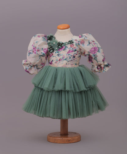 Enfance Three Fourth Sleeves Floral Detailed Party Dress - Pista