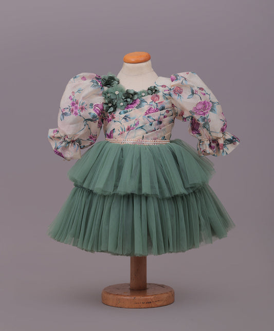 Enfance Three Fourth Sleeves Floral Detailed Party Dress - Pista