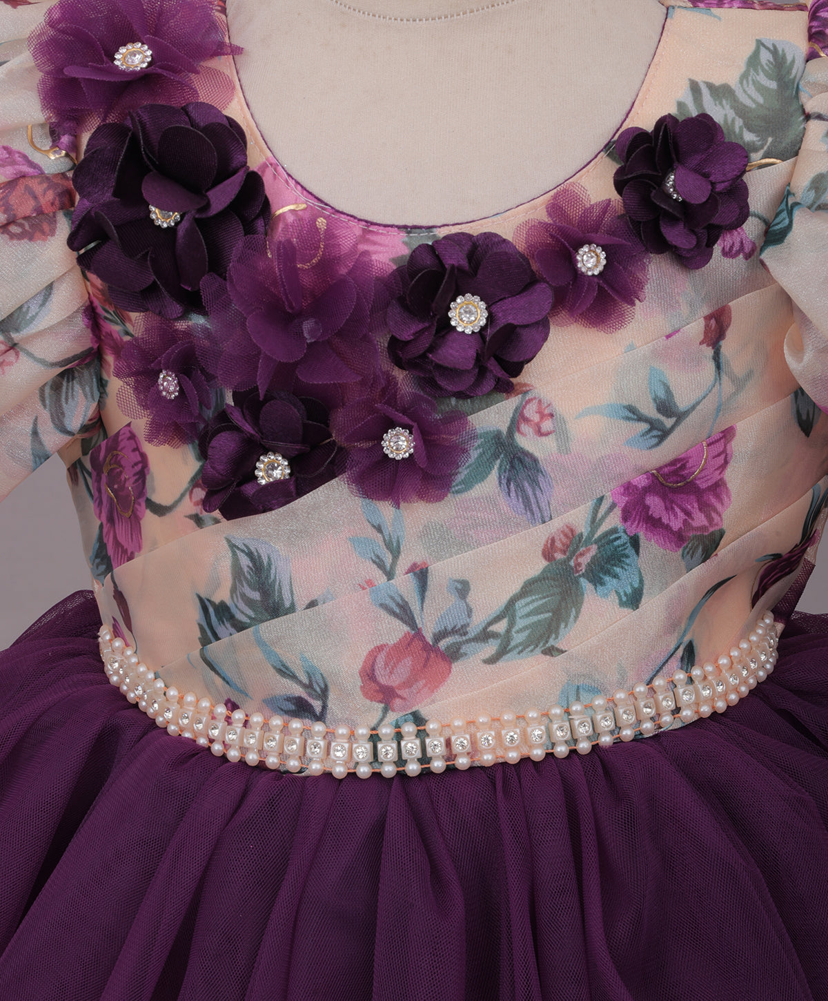 Enfance Three Fourth Sleeves Floral Detailed Party Dress - Wine