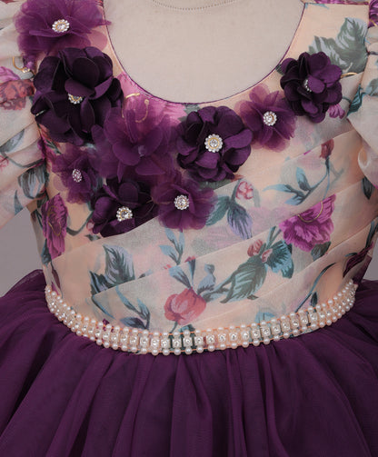 Enfance Three Fourth Sleeves Floral Detailed Party Dress - Wine