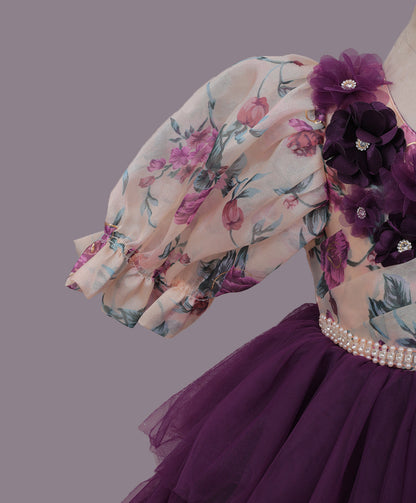 Enfance Three Fourth Sleeves Floral Detailed Party Dress - Wine