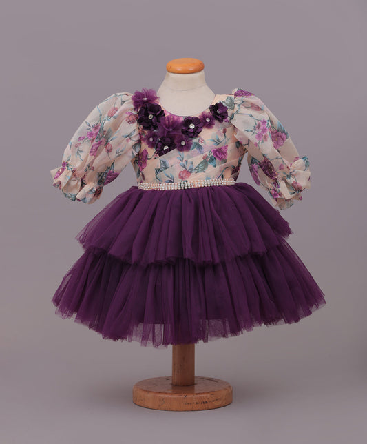 Enfance Three Fourth Sleeves Floral Detailed Party Dress - Wine