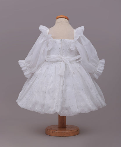 Enfance Full Sleeves Floral Applique Detailed Net Dress - White