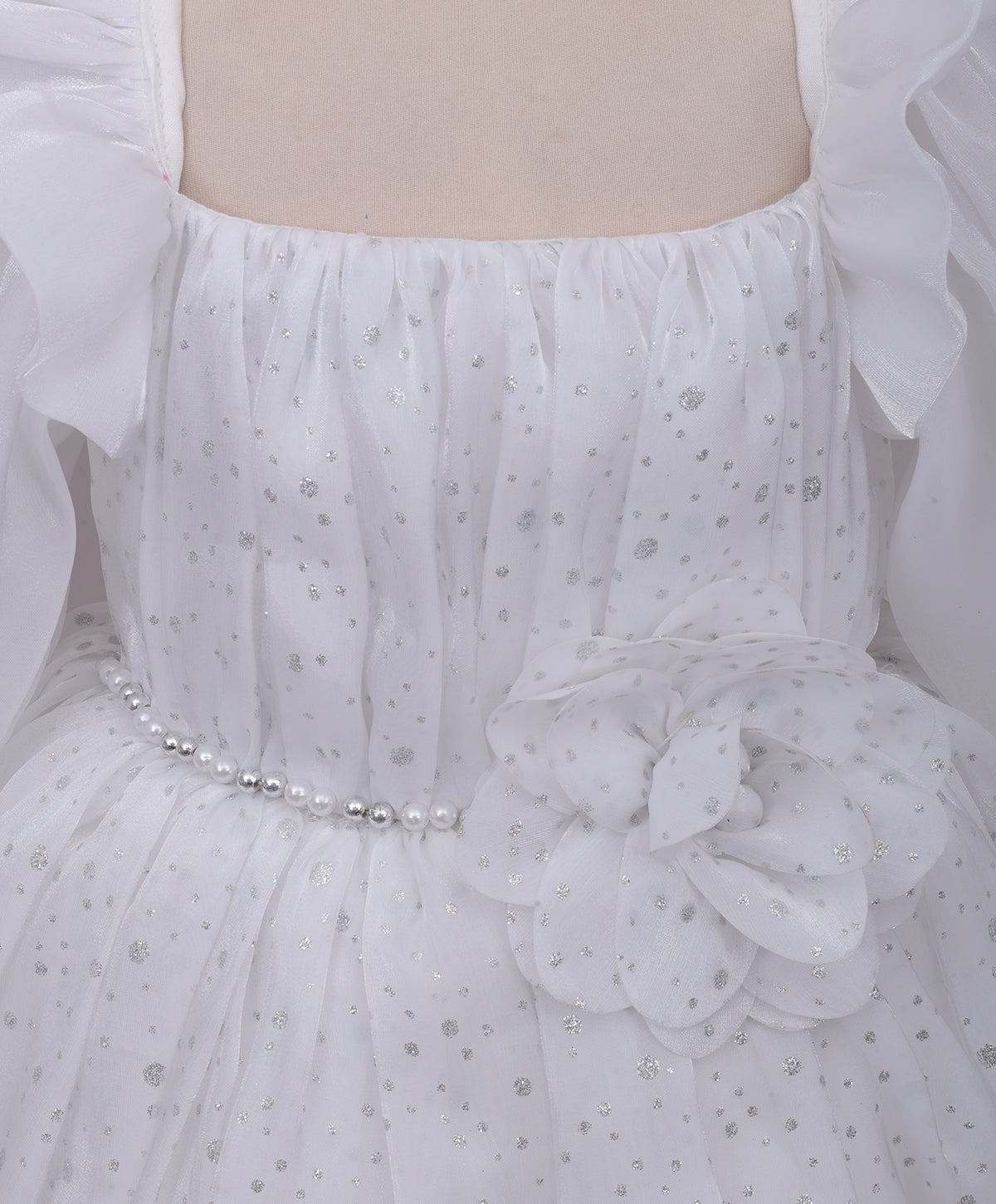 Enfance Full Sleeves Floral Applique Detailed Net Dress - White