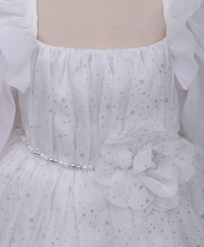 Enfance Full Sleeves Floral Applique Detailed Net Dress - White