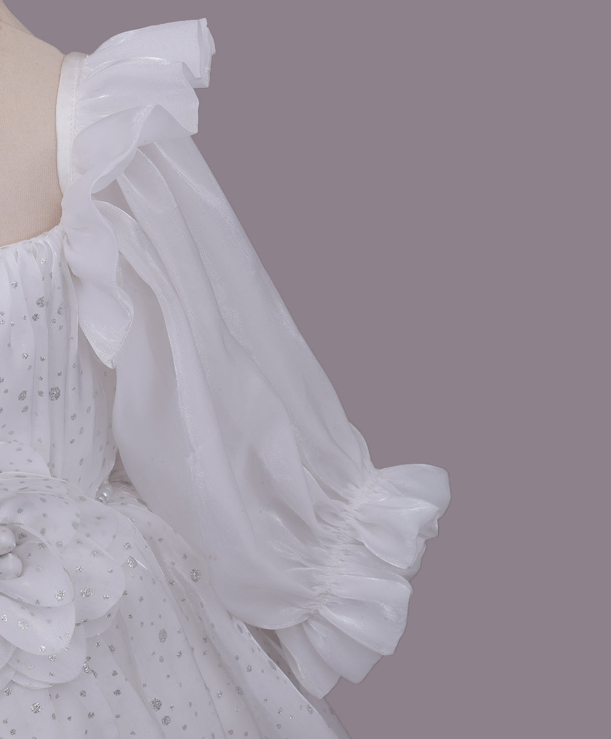 Enfance Full Sleeves Floral Applique Detailed Net Dress - White