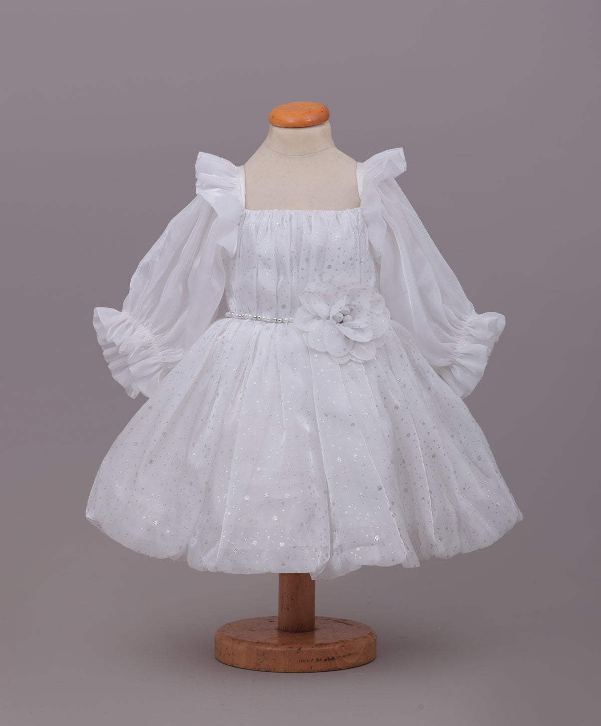 Enfance Full Sleeves Floral Applique Detailed Net Dress - White