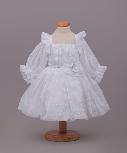 Enfance Full Sleeves Floral Applique Detailed Net Dress - White