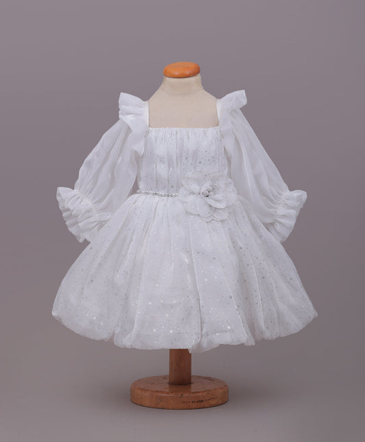 Enfance Full Sleeves Floral Applique Detailed Net Dress - White