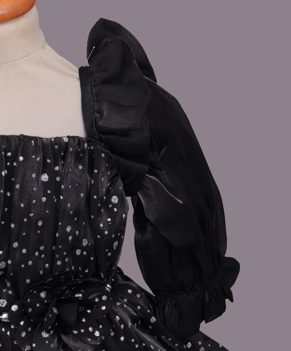 Enfance Full Sleeves Floral Applique Detailed Net Dress - Black
