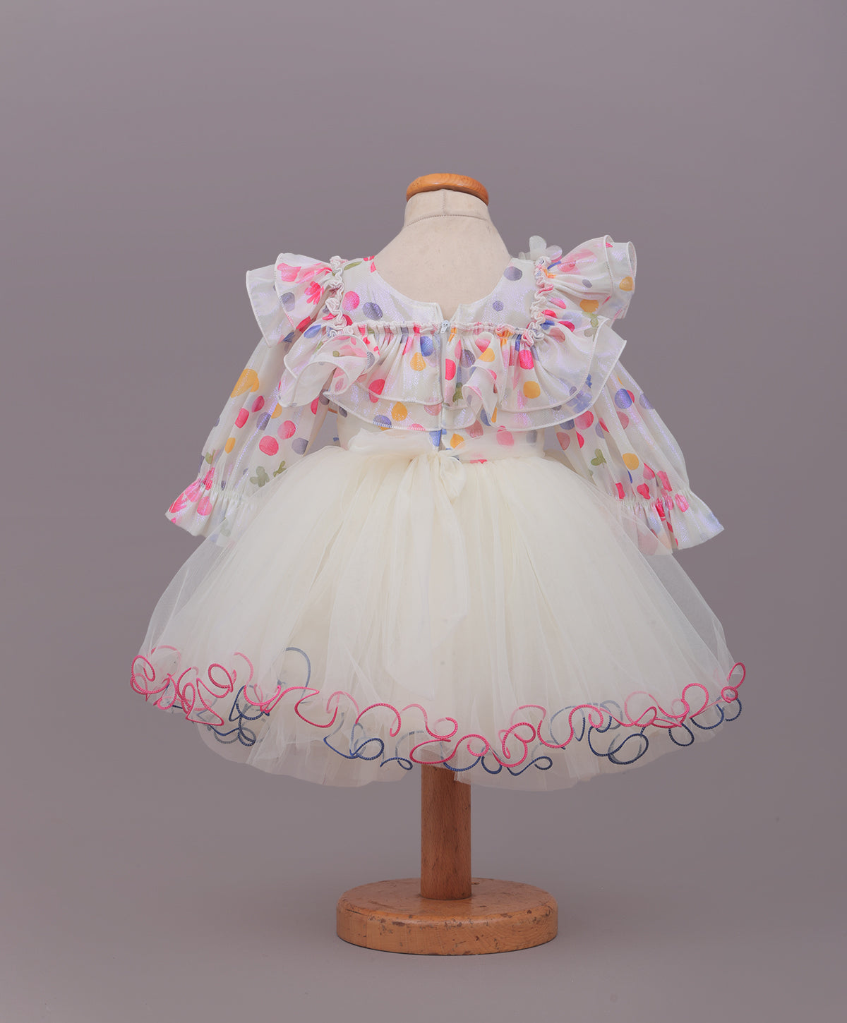 Enfance Full Sleeves Ruffle Detailed Colorful Polka Dots Printed Fit & Flare Dress - Cream