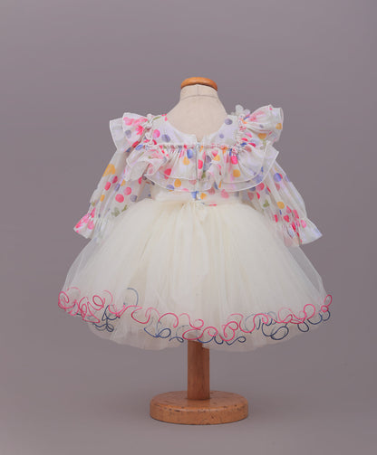 Enfance Full Sleeves Ruffle Detailed Colorful Polka Dots Printed Fit & Flare Dress - Cream