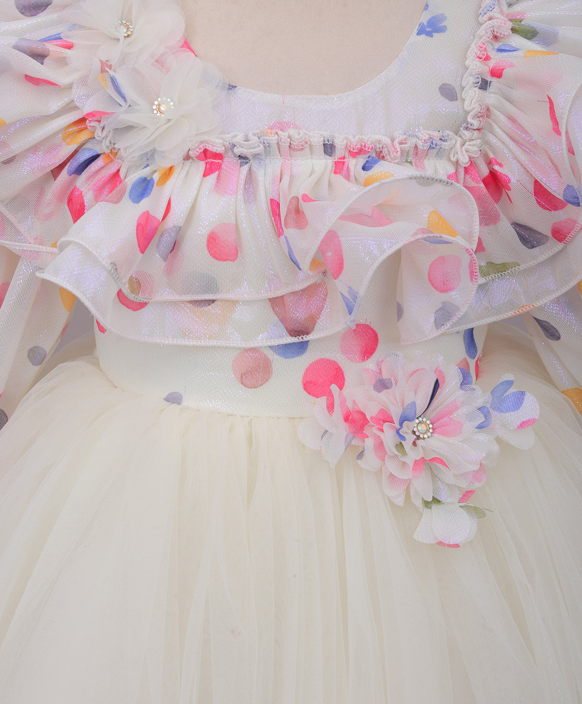 Enfance Full Sleeves Ruffle Detailed Colorful Polka Dots Printed Fit & Flare Dress - Cream