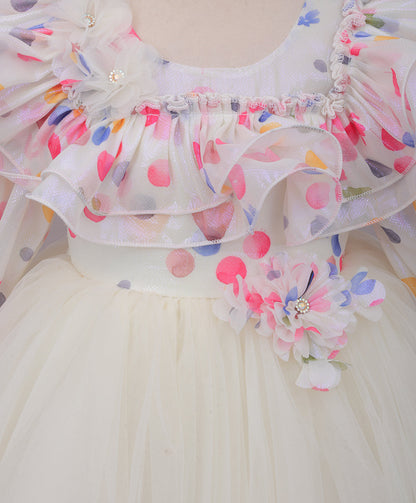 Enfance Full Sleeves Ruffle Detailed Colorful Polka Dots Printed Fit & Flare Dress - Cream