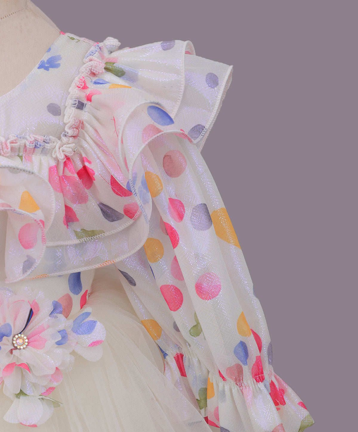 Enfance Full Sleeves Ruffle Detailed Colorful Polka Dots Printed Fit & Flare Dress - Cream