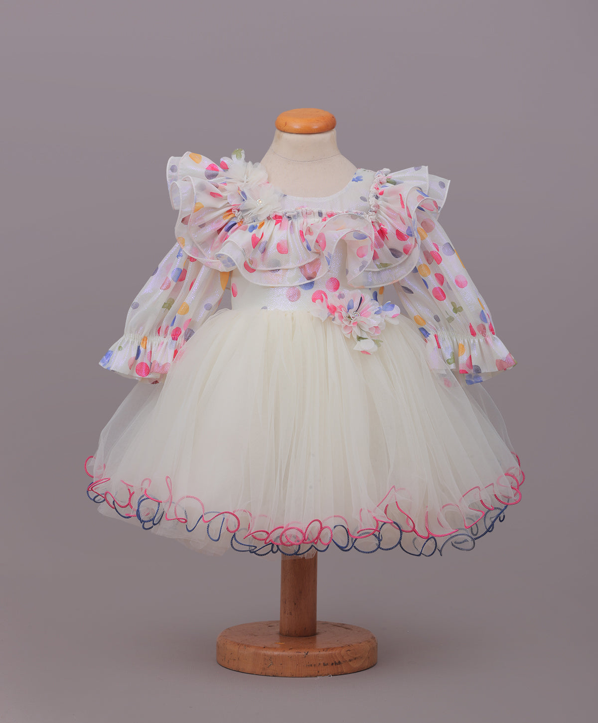 Enfance Full Sleeves Ruffle Detailed Colorful Polka Dots Printed Fit & Flare Dress - Cream