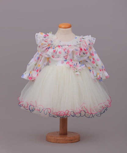 Enfance Full Sleeves Ruffle Detailed Colorful Polka Dots Printed Fit & Flare Dress - Cream