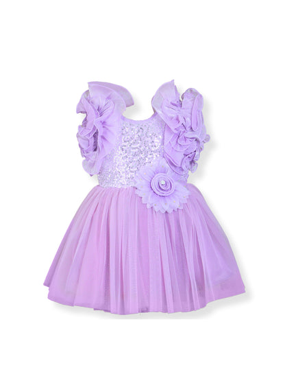 Enfance Flutter Sleeves Floral Detailed Flare Net Party Dress - Lavender
