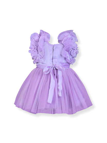 Enfance Flutter Sleeves Floral Detailed Flare Net Party Dress - Lavender