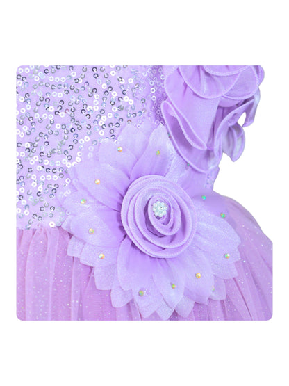 Enfance Flutter Sleeves Floral Detailed Flare Net Party Dress - Lavender