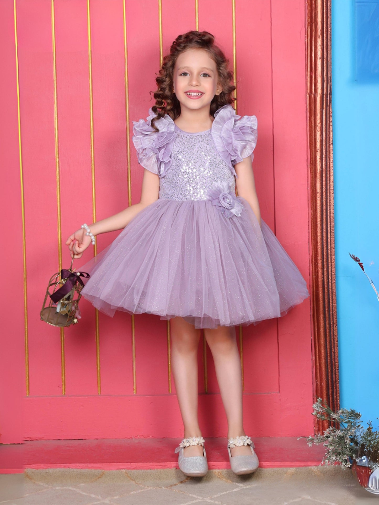Enfance Flutter Sleeves Floral Detailed Flare Net Party Dress - Lavender