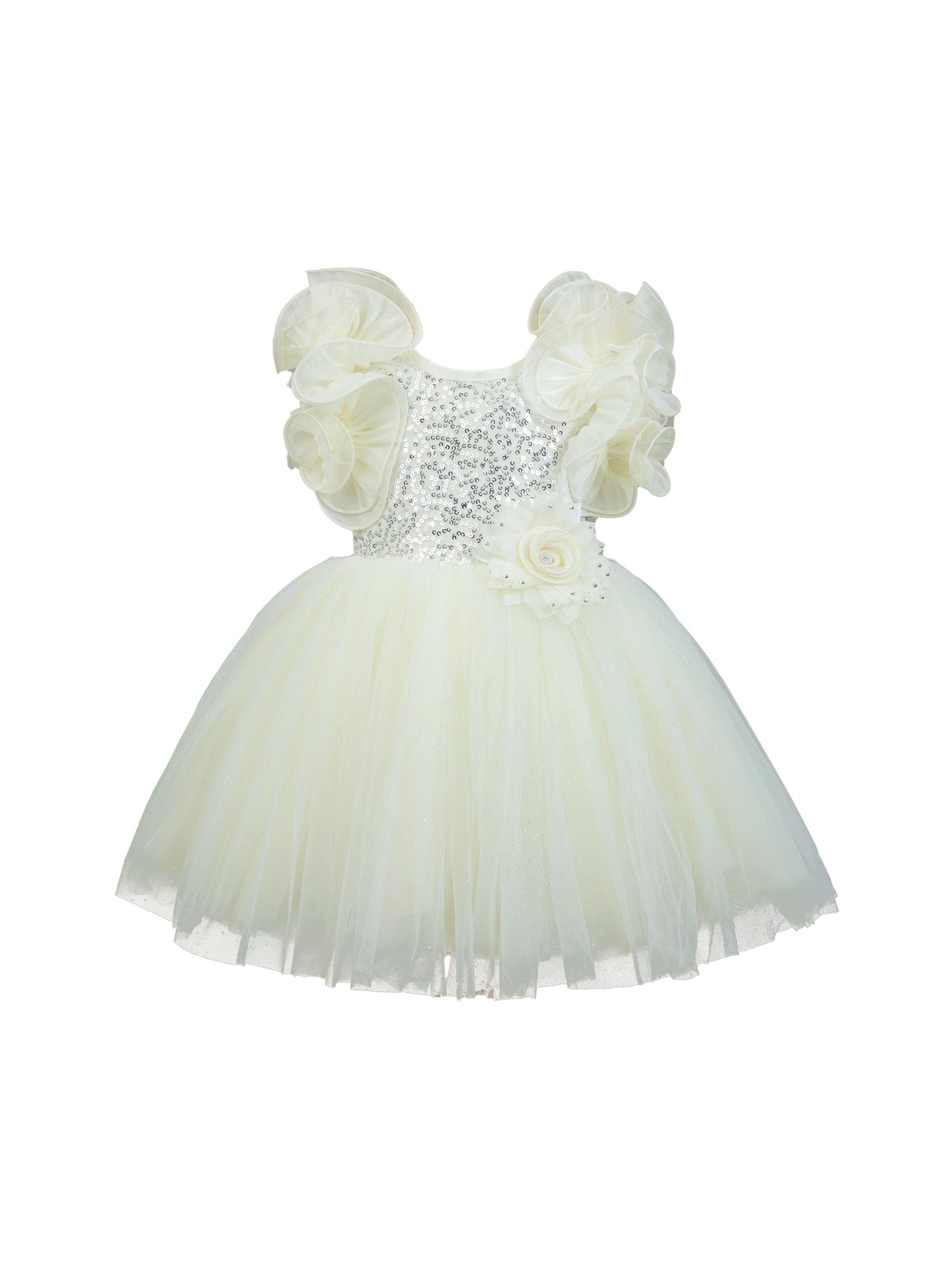 Enfance Flutter Sleeves Floral Detailed Flare Net Party Dress - Offwhite