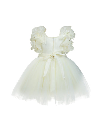 Enfance Flutter Sleeves Floral Detailed Flare Net Party Dress - Offwhite