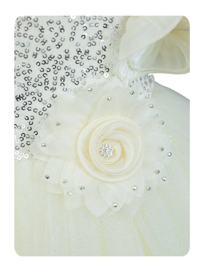Enfance Flutter Sleeves Floral Detailed Flare Net Party Dress - Offwhite