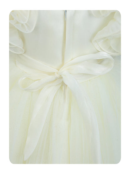 Enfance Flutter Sleeves Floral Detailed Flare Net Party Dress - Offwhite