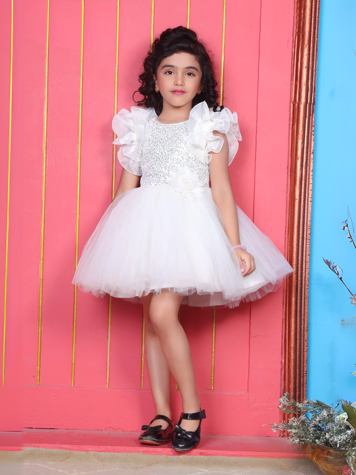 Enfance Flutter Sleeves Floral Detailed Flare Net Party Dress - Offwhite