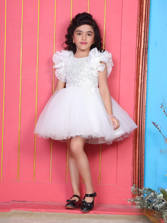 Enfance Flutter Sleeves Floral Detailed Flare Net Party Dress - Offwhite