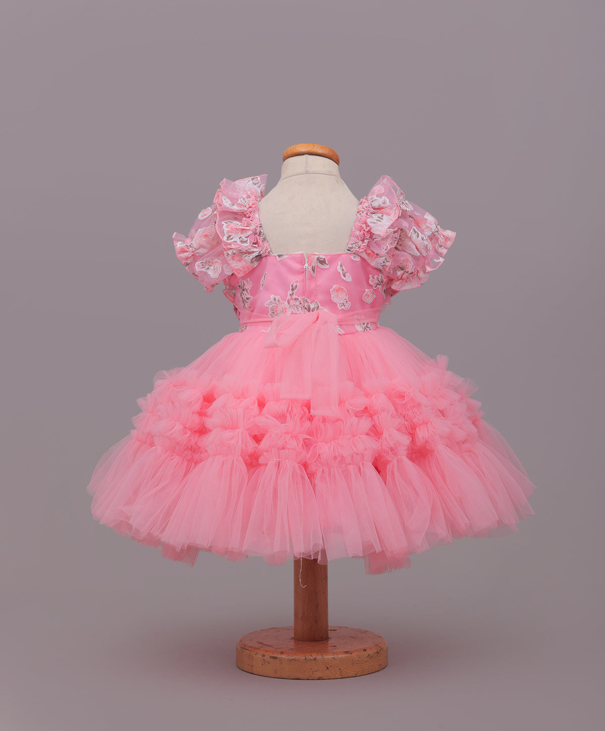 Enfance Puff Sleeves Fit and Flare Party Frock with Floral Corsage & Sequins - Peach