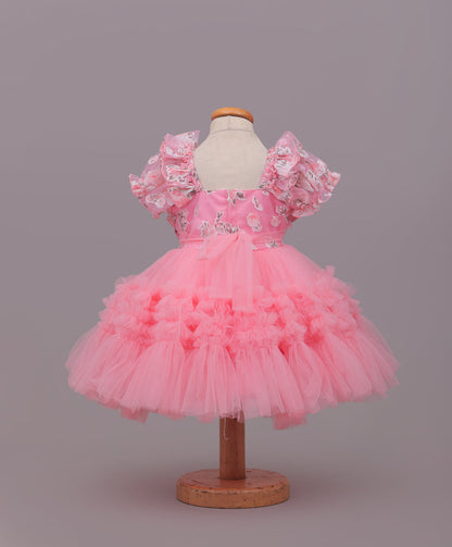 Enfance Puff Sleeves Fit and Flare Party Frock with Floral Corsage & Sequins - Peach