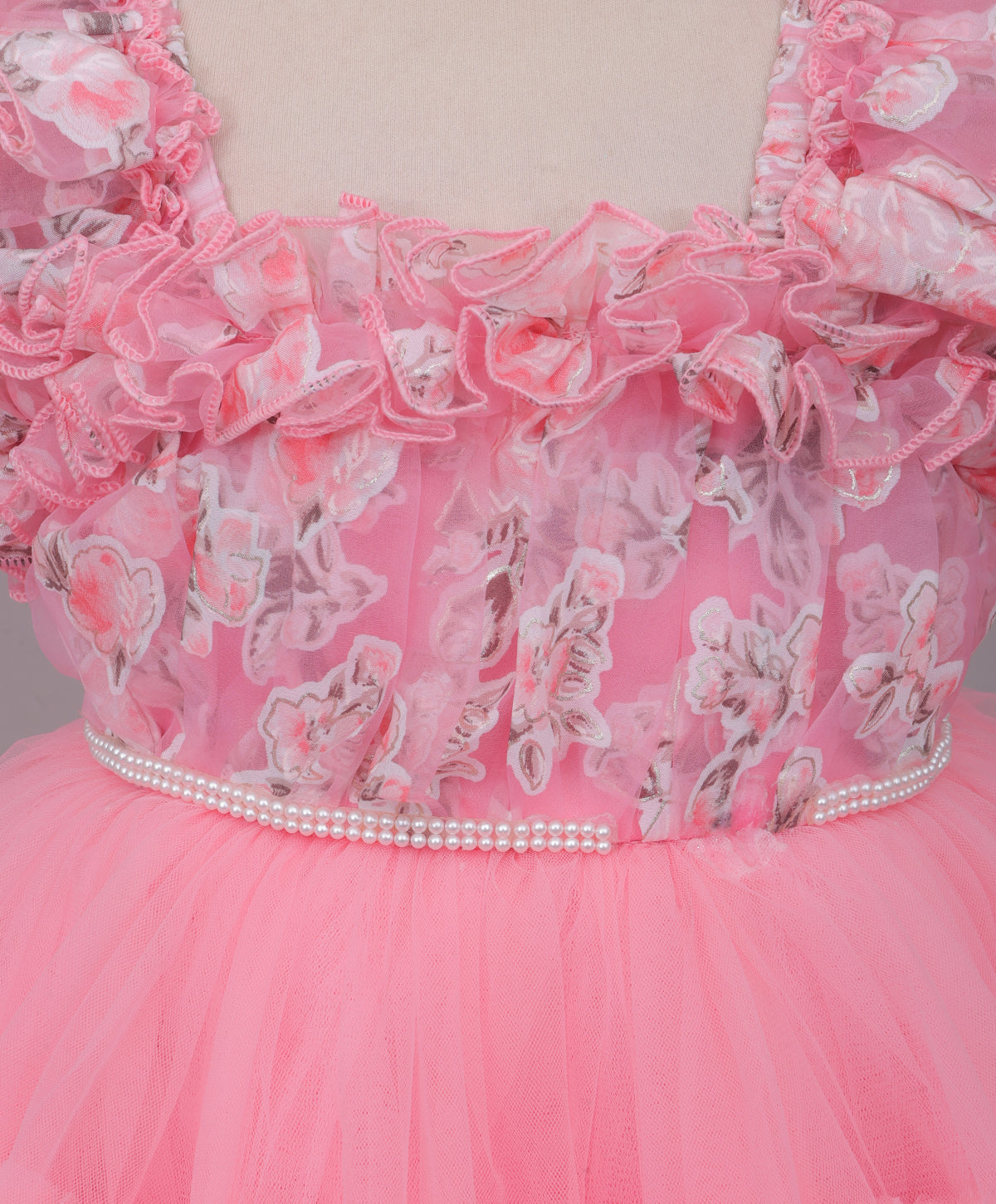Enfance Puff Sleeves Fit and Flare Party Frock with Floral Corsage & Sequins - Peach