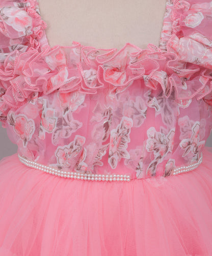 Enfance Puff Sleeves Fit and Flare Party Frock with Floral Corsage & Sequins - Peach