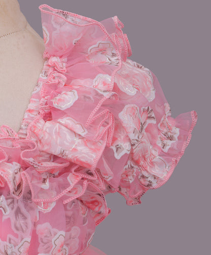 Enfance Puff Sleeves Fit and Flare Party Frock with Floral Corsage & Sequins - Peach