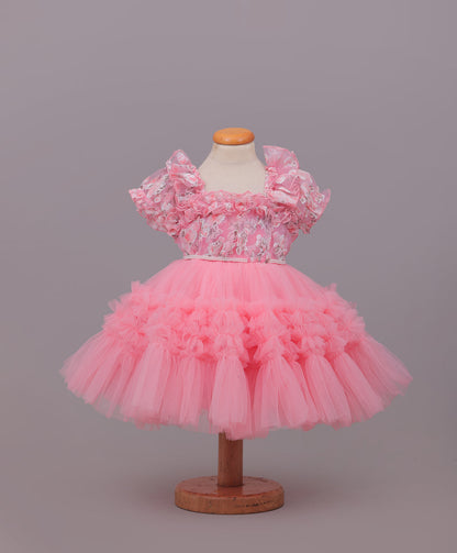 Enfance Puff Sleeves Fit and Flare Party Frock with Floral Corsage & Sequins - Peach