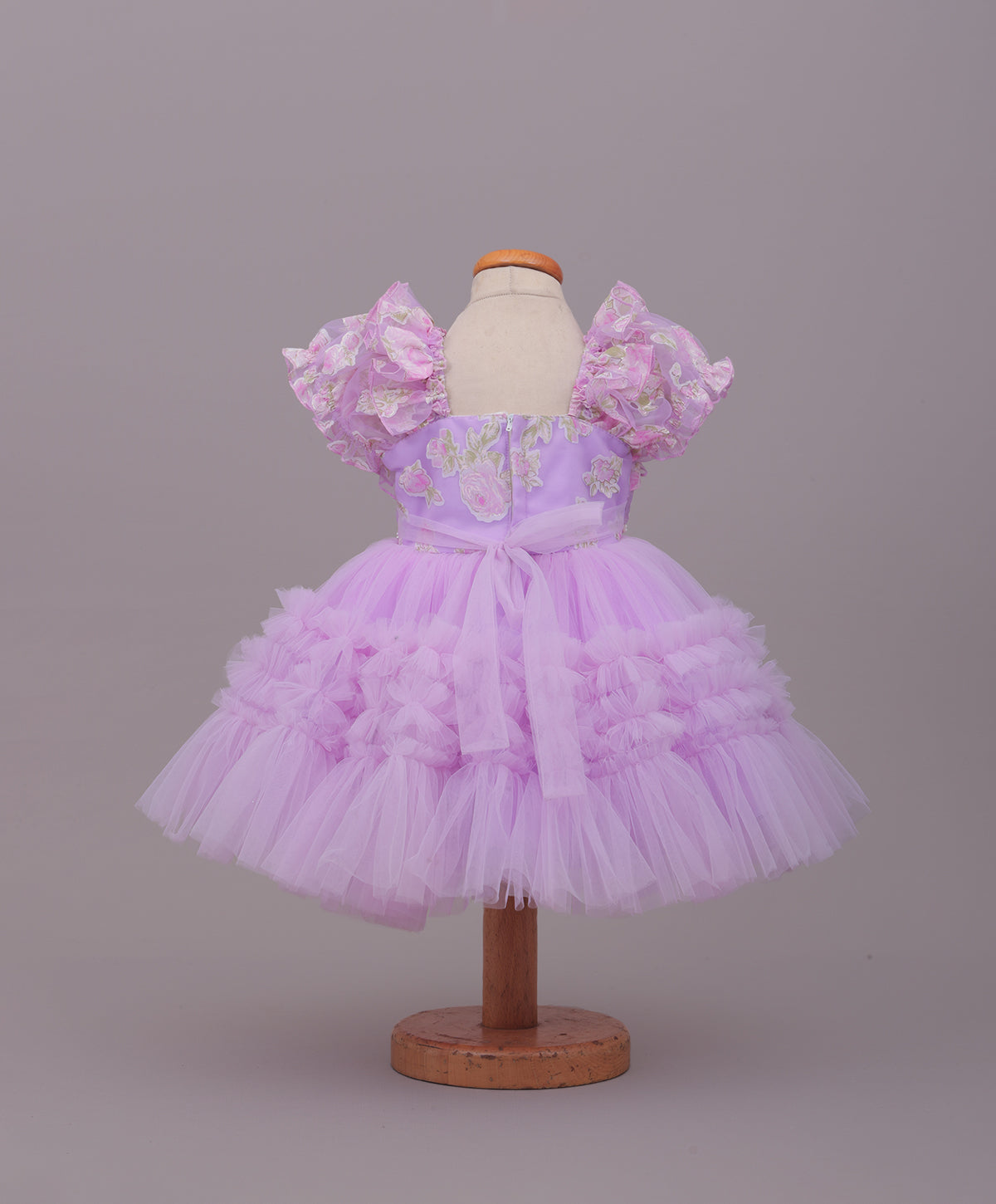 Enfance Puff Sleeves Fit and Flare Party Frock with Floral Corsage & Sequins - Purple