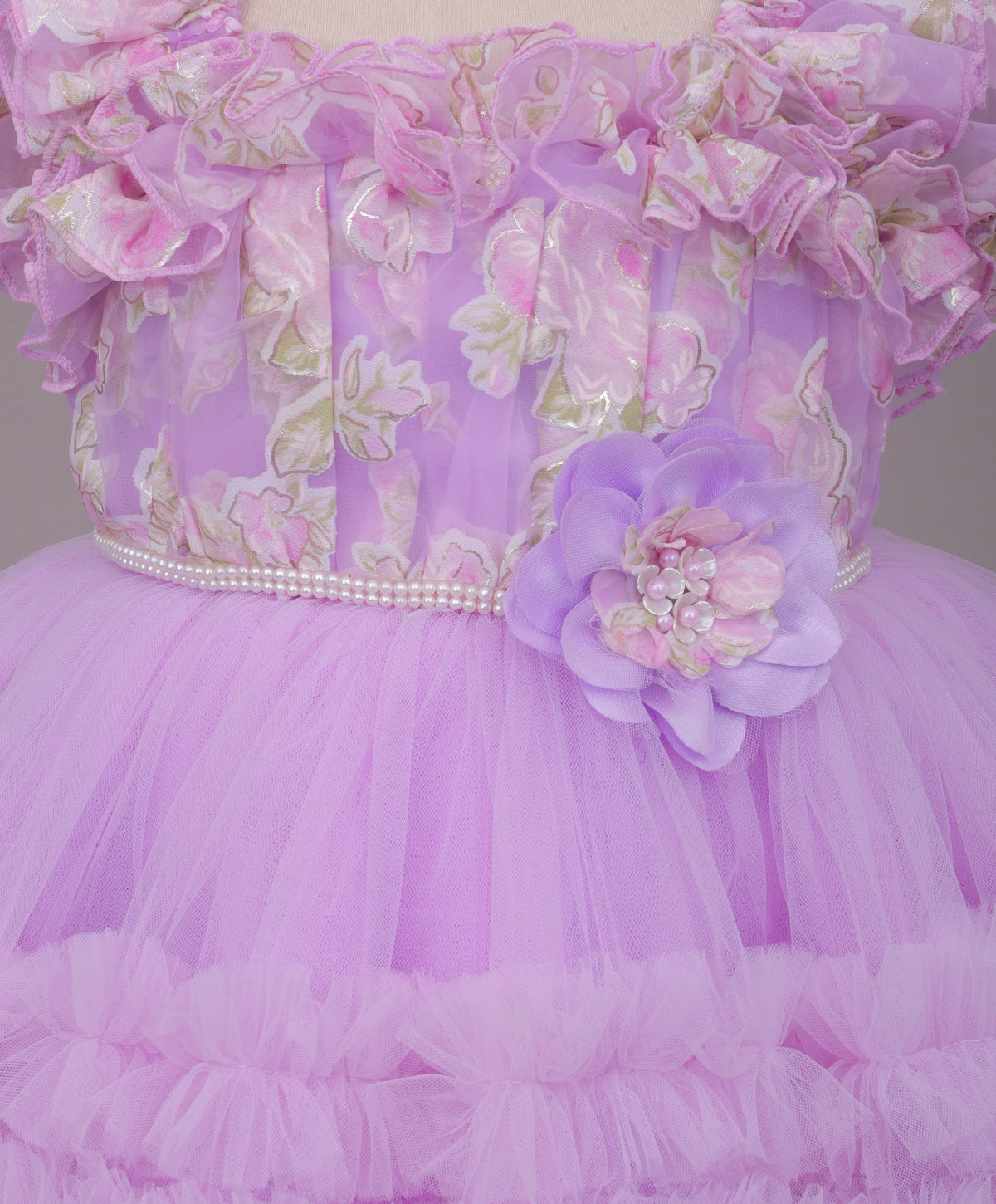 Enfance Puff Sleeves Fit and Flare Party Frock with Floral Corsage & Sequins - Purple