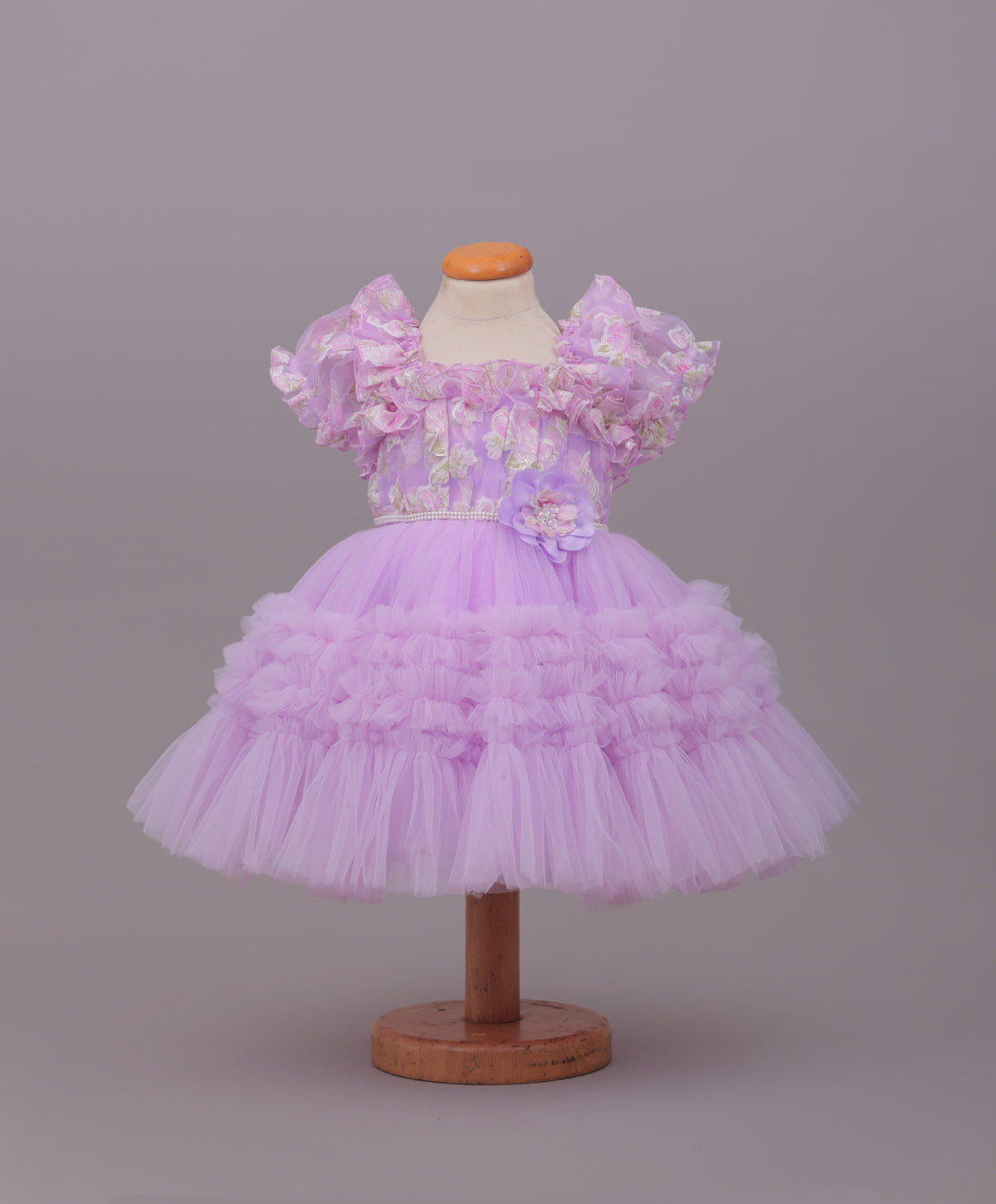 Enfance Puff Sleeves Fit and Flare Party Frock with Floral Corsage & Sequins - Purple