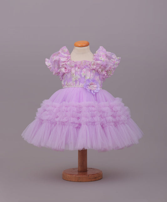 Enfance Puff Sleeves Fit and Flare Party Frock with Floral Corsage & Sequins - Purple