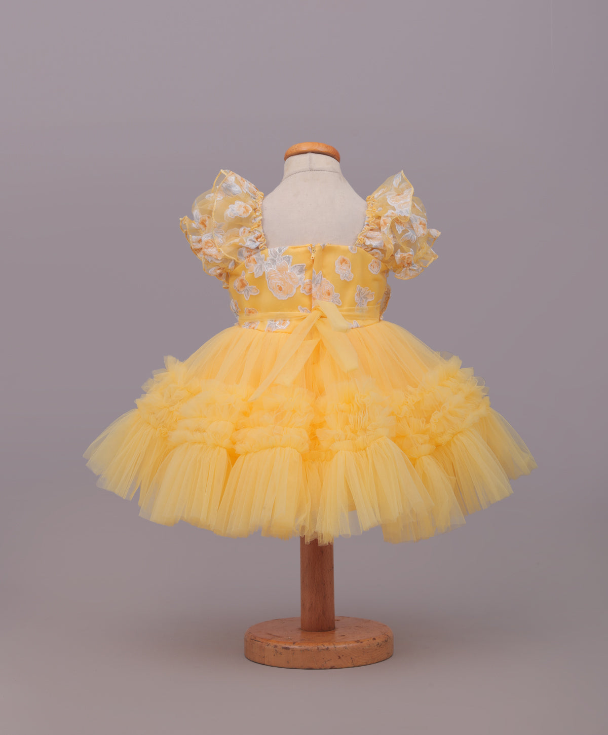 Enfance Puff Sleeves Fit and Flare Party Frock with Floral Corsage & Sequins - Lemon
