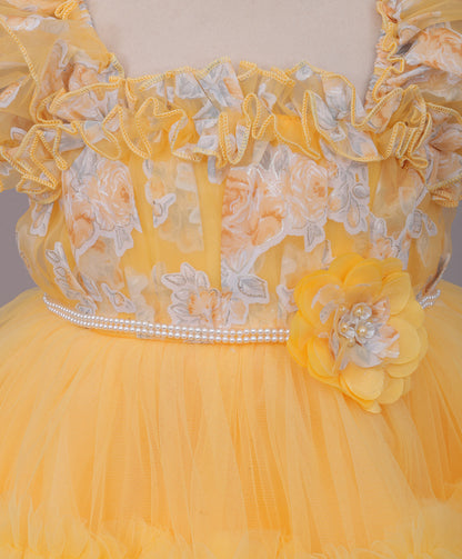 Enfance Puff Sleeves Fit and Flare Party Frock with Floral Corsage & Sequins - Lemon